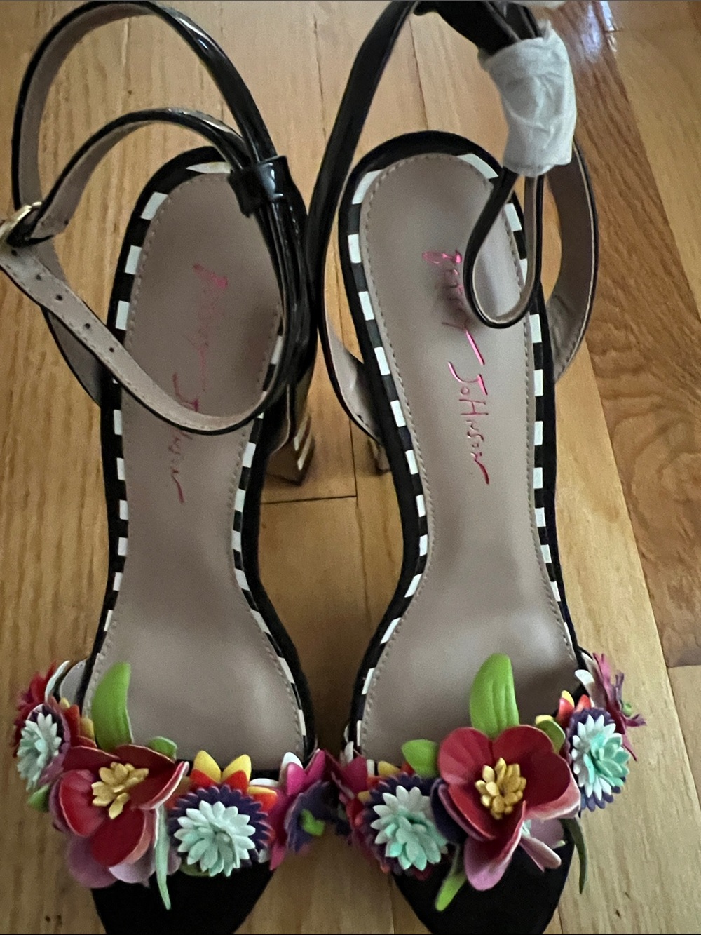 Betsey Johnson Black Floral Appliqué Ankle Strap Heels - Picture 2 of 5